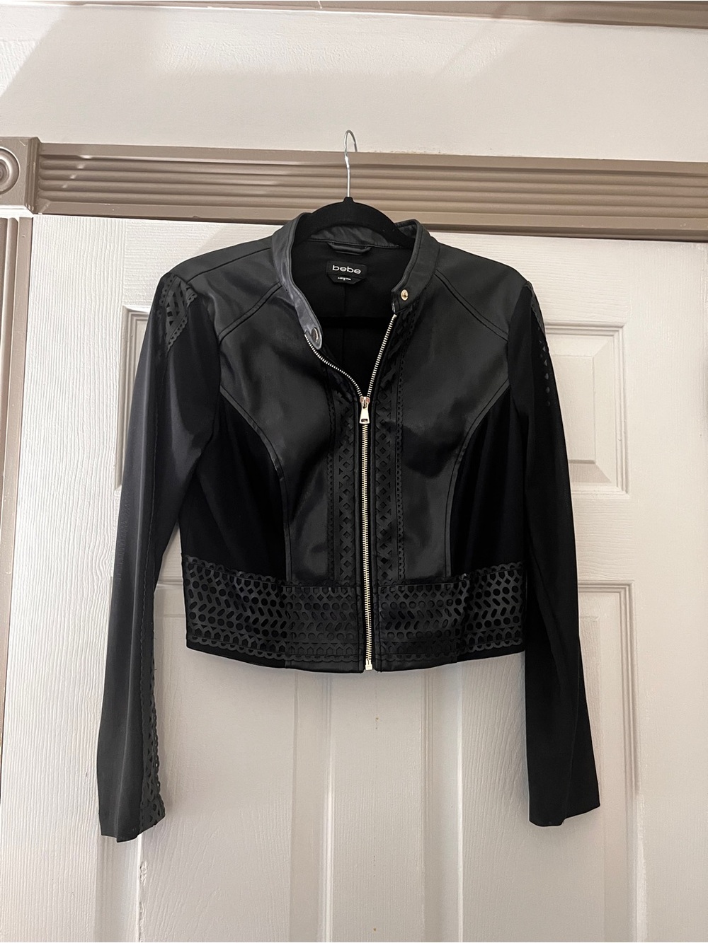 bebe Black Faux Leather Crop Jacket with Perforated Paneling